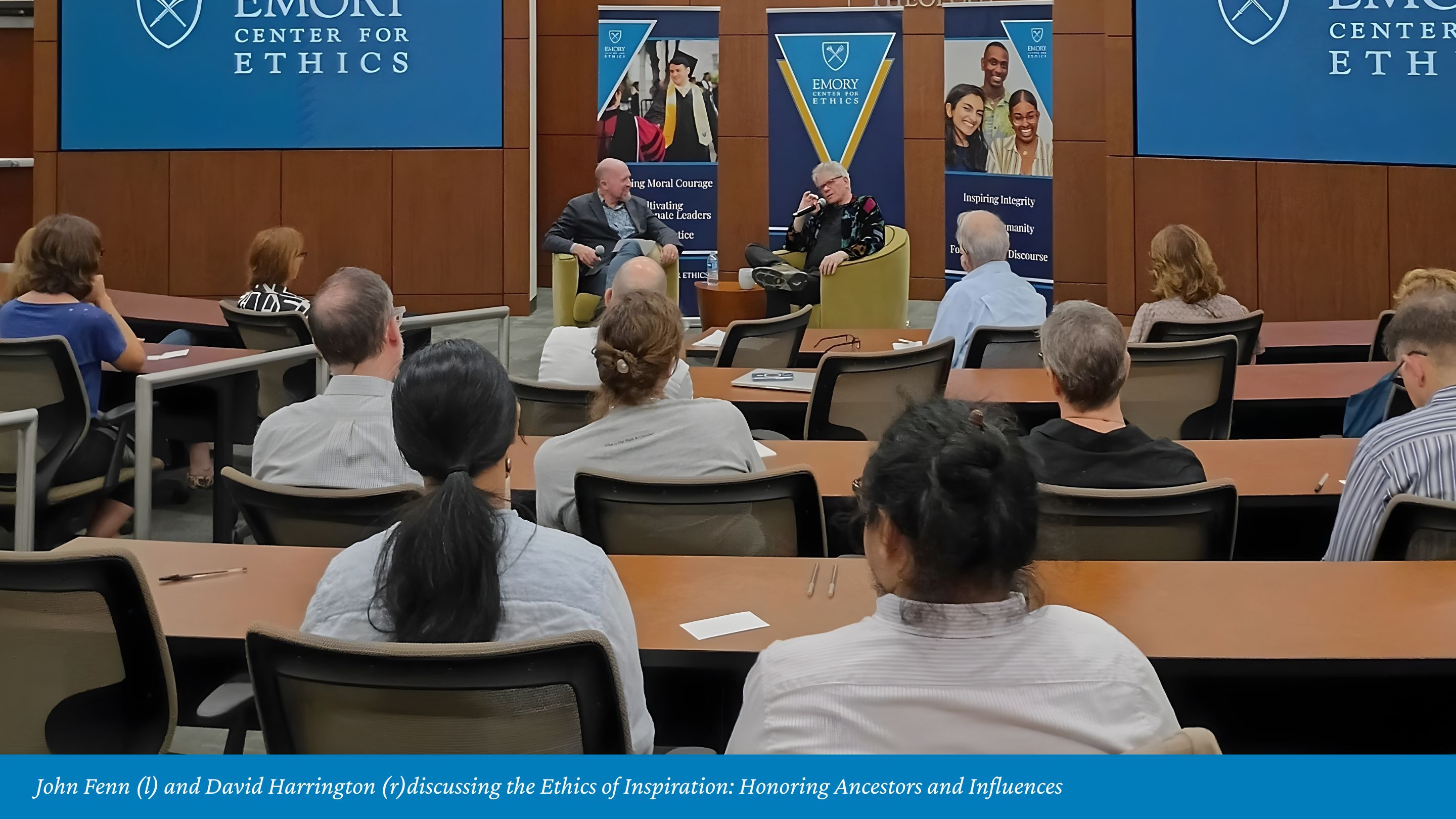 John Fenn and David Harrington in conversation, seated in front of small audience at Center for Ethics event